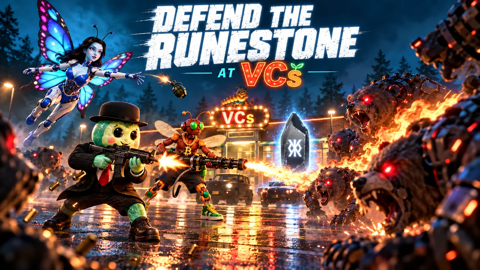Vinnie, Betty and Freddy fight cyborg bears outside VCs while defending the Runestone.