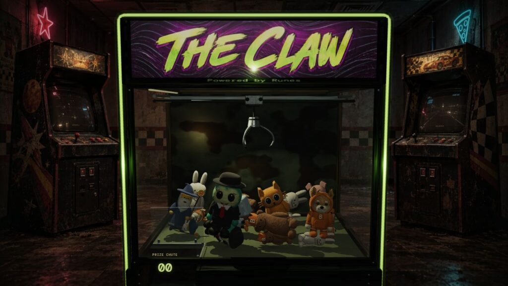 A neon-lit claw machine filled with Venture Caterpillar plush characters.