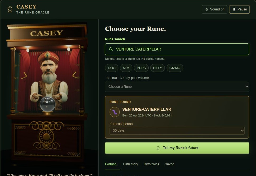 CASEY stands behind a crystal ball in his mahogany and brass cabinet, beside the Rune selection screen.